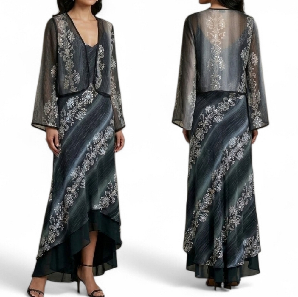 Nixky Collection Y2K Sequin Midi Dress Cardigan Set Gray Abstract Floral L